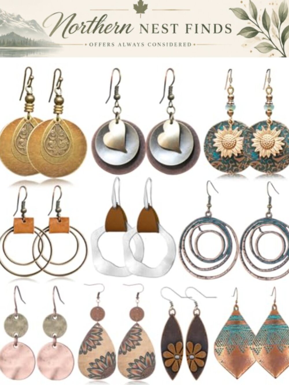 Vintage Dangle Earrings Set Boho Sunflower Geometric Teardrop 10 Pairs